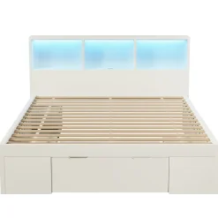 Lit simple 140x200cm - LED - USB-C - rangements - table de chevet mobile - blanc (matelas non inclus)