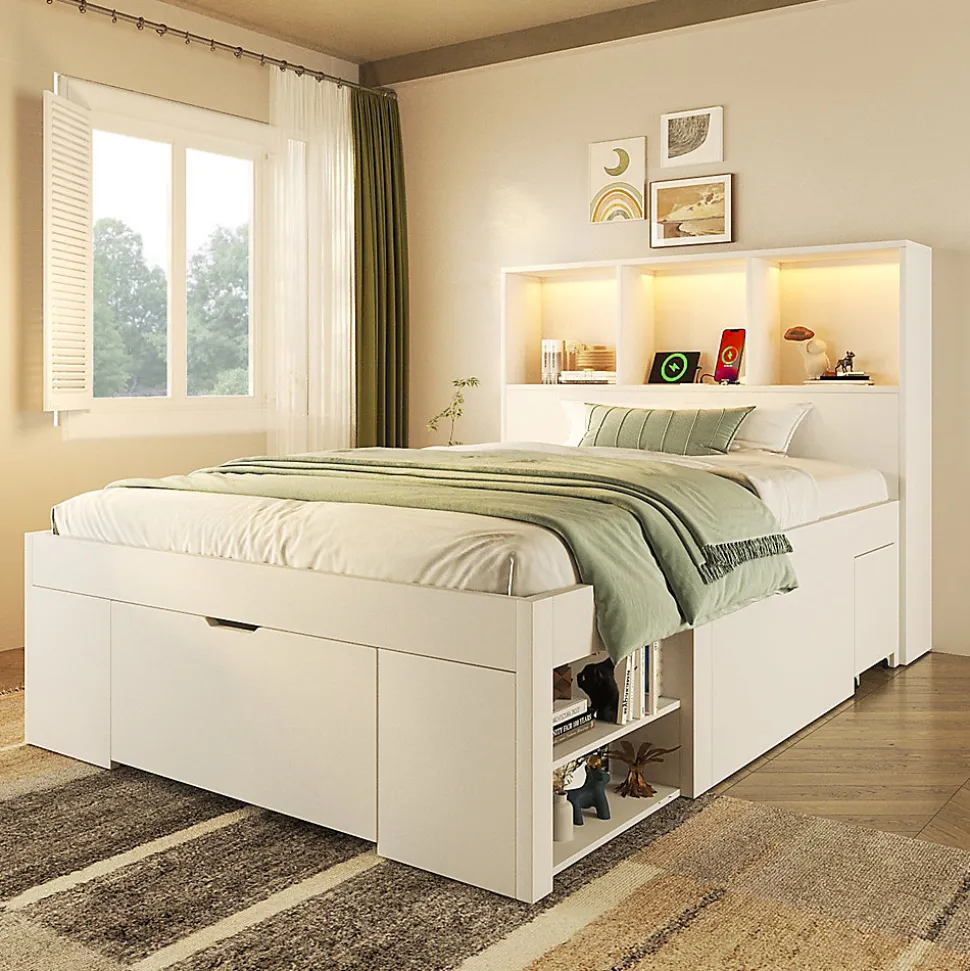 Lit simple 90x200cm - LED - USB-C - rangements - table de chevet mobile - blanc (matelas non inclus)