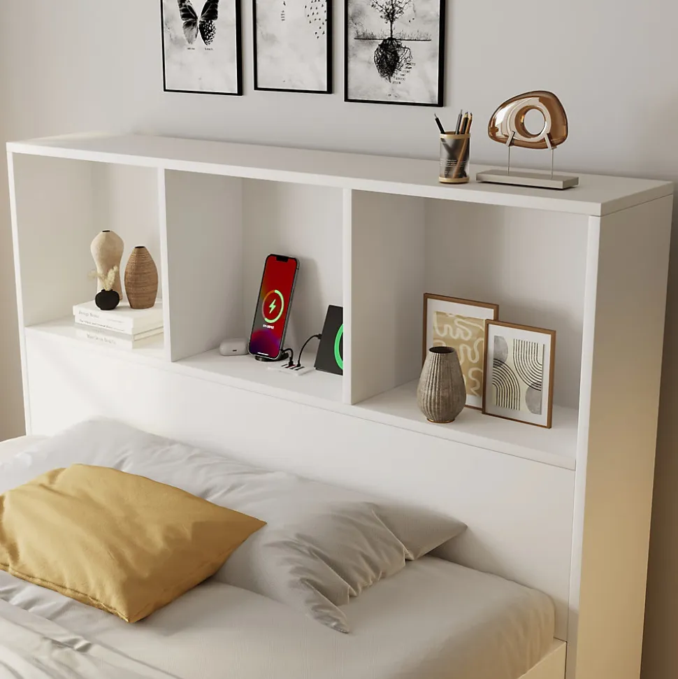 Lit simple 90x200cm - LED - USB-C - rangements - table de chevet mobile - blanc (matelas non inclus)