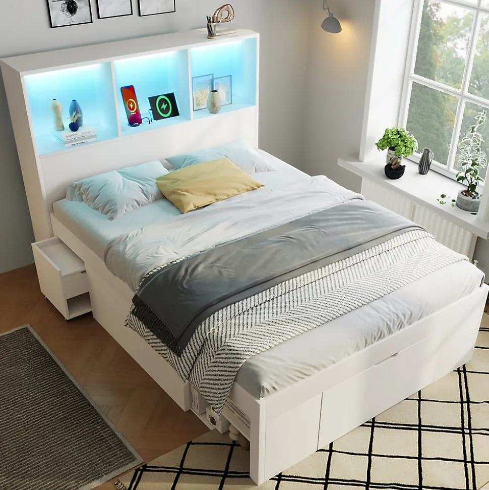 Lit simple 90x200cm - LED - USB-C - rangements - table de chevet mobile - blanc (matelas non inclus)