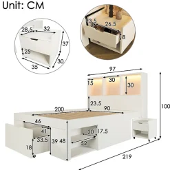 Lit simple 90x200cm - LED - USB-C - rangements - table de chevet mobile - blanc (matelas non inclus)