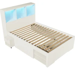 Lit simple 90x200cm - LED - USB-C - rangements - table de chevet mobile - blanc (matelas non inclus)