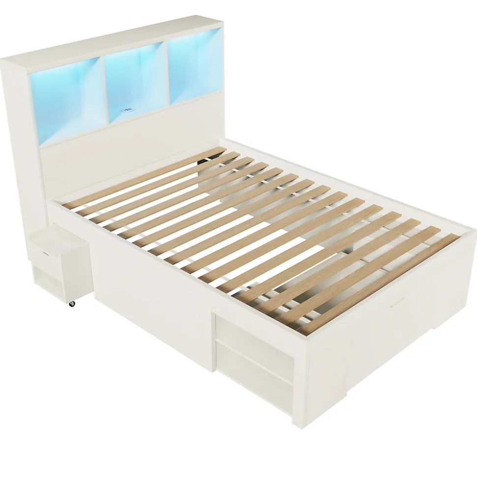 Lit simple 90x200cm - LED - USB-C - rangements - table de chevet mobile - blanc (matelas non inclus)