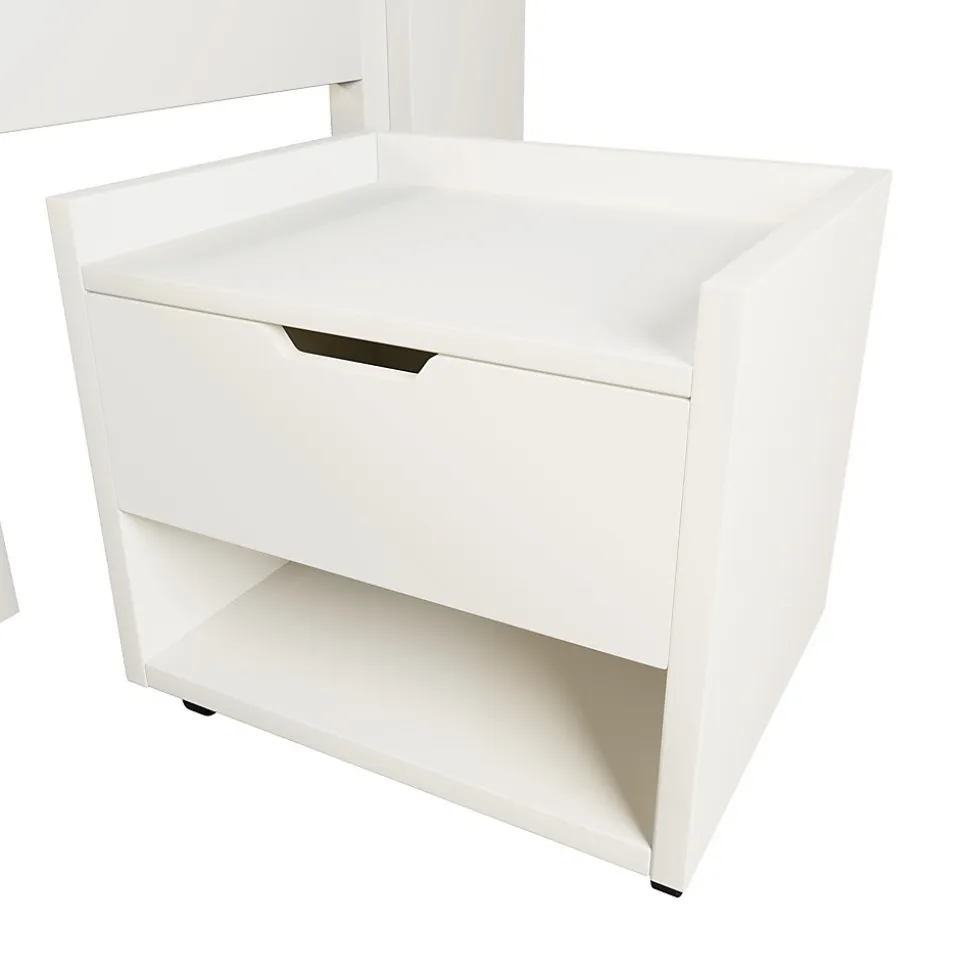 Lit simple 90x200cm - LED - USB-C - rangements - table de chevet mobile - blanc (matelas non inclus)