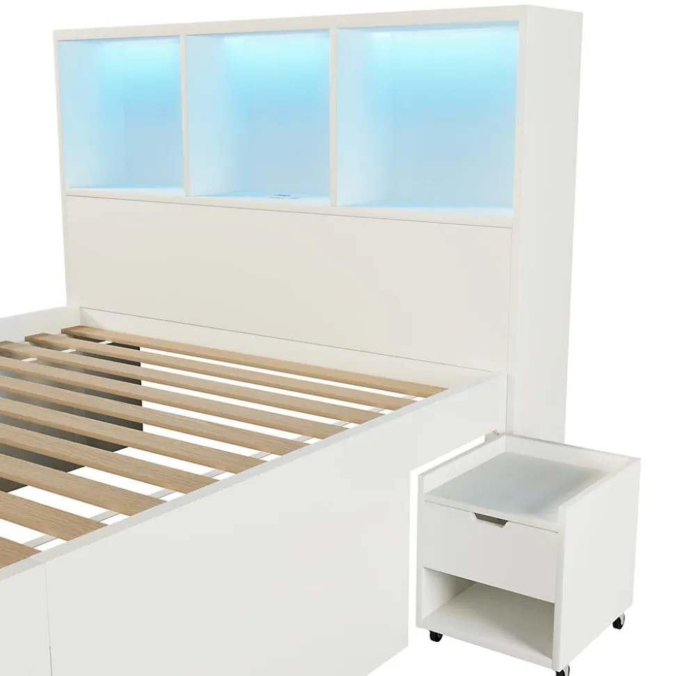 Lit simple 90x200cm - LED - USB-C - rangements - table de chevet mobile - blanc (matelas non inclus)