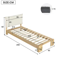 Lit simple 90x200cm - tête de lit rembourrée amovible - bois massif + éponge + contreplaqué - Naturel (matelas non inclus)