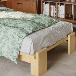Lit simple 90x200cm - tête de lit rembourrée amovible - bois massif + éponge + contreplaqué - Naturel (matelas non inclus)
