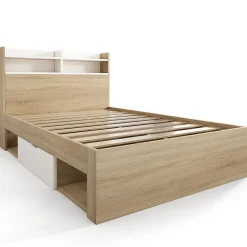 Lit simple 90x200cm avec 2 tiroirs - tête de lit avec étagère - panneaux de particules+bois massif - Naturel(matelas non inclus)