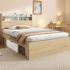 Lit simple 90x190cm avec 2 tiroirs - tête de lit avec étagère - panneaux de particules+bois massif - Naturel(matelas non inclus)