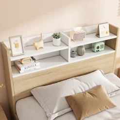 Lit simple 90x190cm avec 2 tiroirs - tête de lit avec étagère - panneaux de particules+bois massif - Naturel(matelas non inclus)