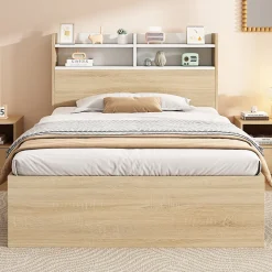 Lit simple 90x190cm avec 2 tiroirs - tête de lit avec étagère - panneaux de particules+bois massif - Naturel(matelas non inclus)