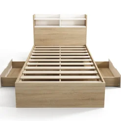 Lit simple 90x190cm avec 2 tiroirs - tête de lit avec étagère - panneaux de particules+bois massif - Naturel(matelas non inclus)