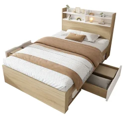 Lit simple 90x190cm avec 2 tiroirs - tête de lit avec étagère - panneaux de particules+bois massif - Naturel(matelas non inclus)