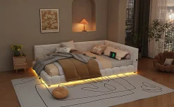 Lit Simple 140x200cm, Canapé-Lit avec Éclairage Ambiant, USB, Typ-C, Blanc