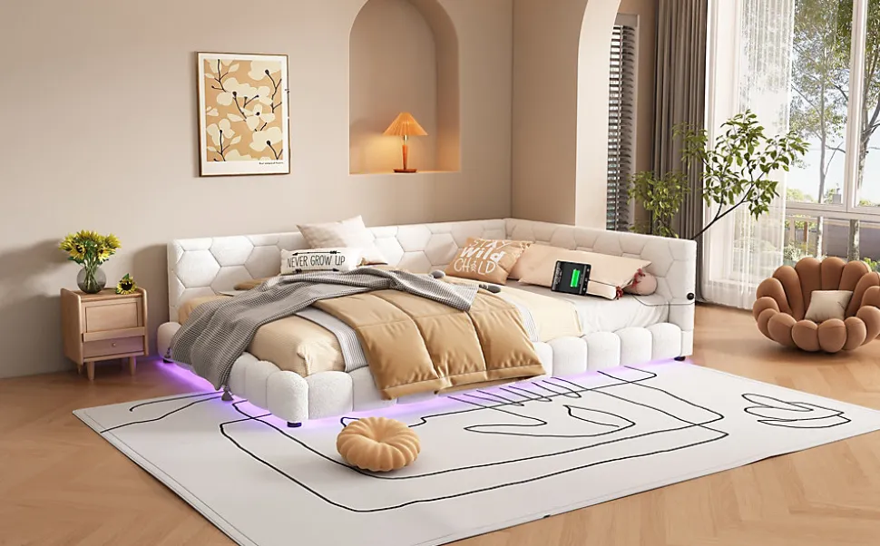 Lit Simple 140x200cm, Canapé-Lit avec Éclairage Ambiant, USB, Typ-C, Blanc