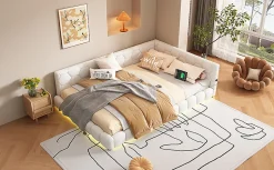 Lit Simple 140x200cm, Canapé-Lit avec Éclairage Ambiant, USB, Typ-C, Blanc