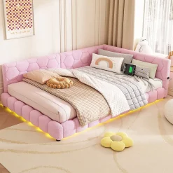 Lit Simple 140x200cm, Canapé-Lit avec Éclairage Ambiant, USB, Typ-C, Rose