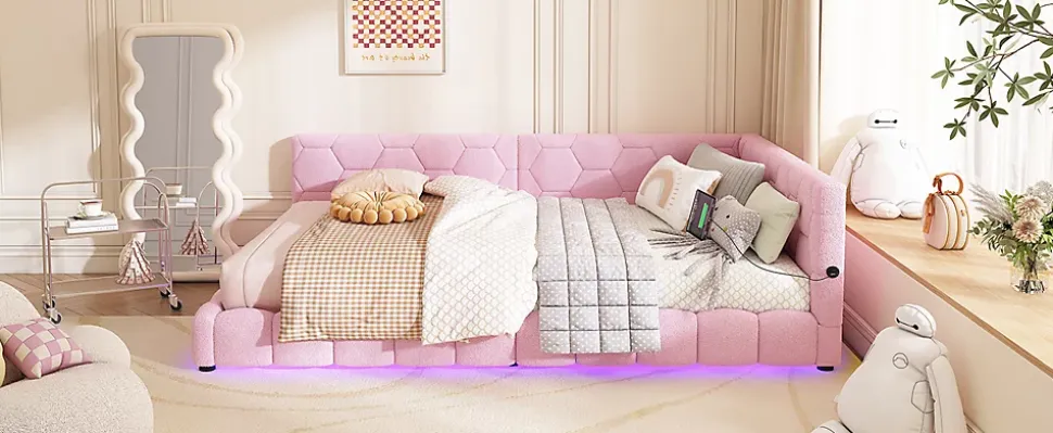 Lit Simple 140x200cm, Canapé-Lit avec Éclairage Ambiant, USB, Typ-C, Rose