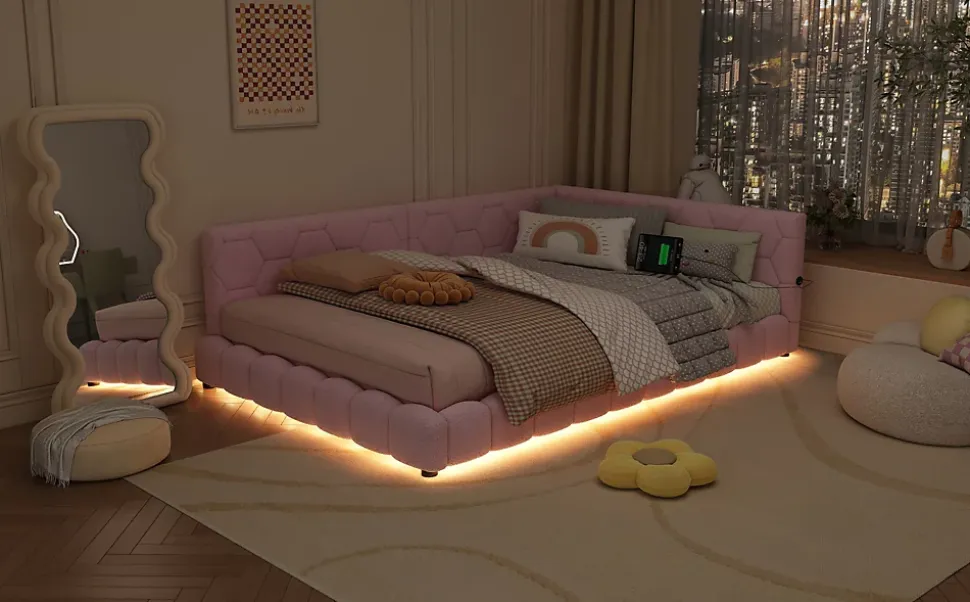 Lit Simple 140x200cm, Canapé-Lit avec Éclairage Ambiant, USB, Typ-C, Rose