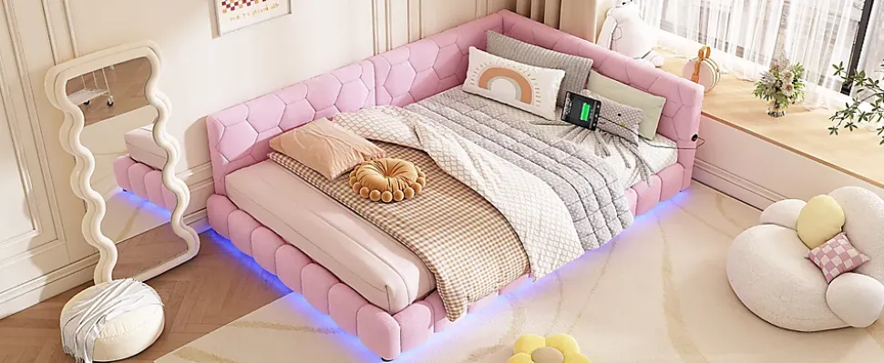 Lit Simple 140x200cm, Canapé-Lit avec Éclairage Ambiant, USB, Typ-C, Rose