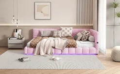 Lit Simple 90x200cm, Canapé-Lit avec Éclairage Ambiant, USB, Typ-C, Rose