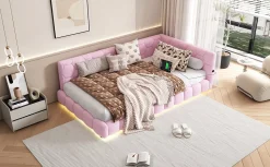 Lit Simple 90x200cm, Canapé-Lit avec Éclairage Ambiant, USB, Typ-C, Rose