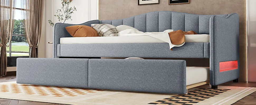 Lit Simple 90x200cm, Canapé-Lit avec Tiroirs et Éclairage Ambiant, Beige