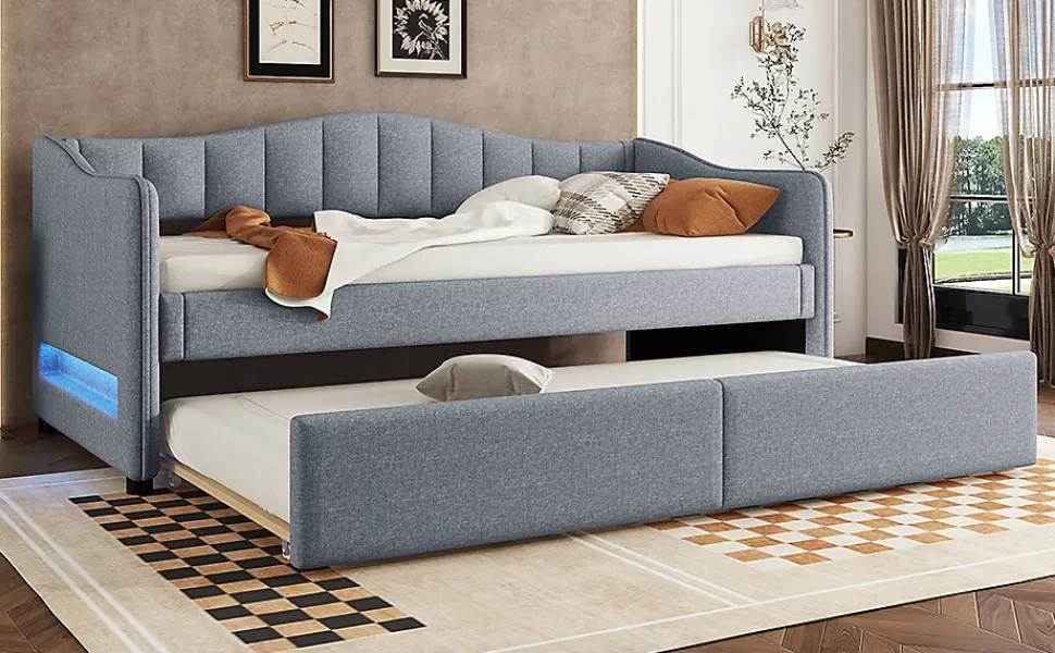 Lit Simple 90x200cm, Canapé-Lit avec Tiroirs et Éclairage Ambiant, Beige