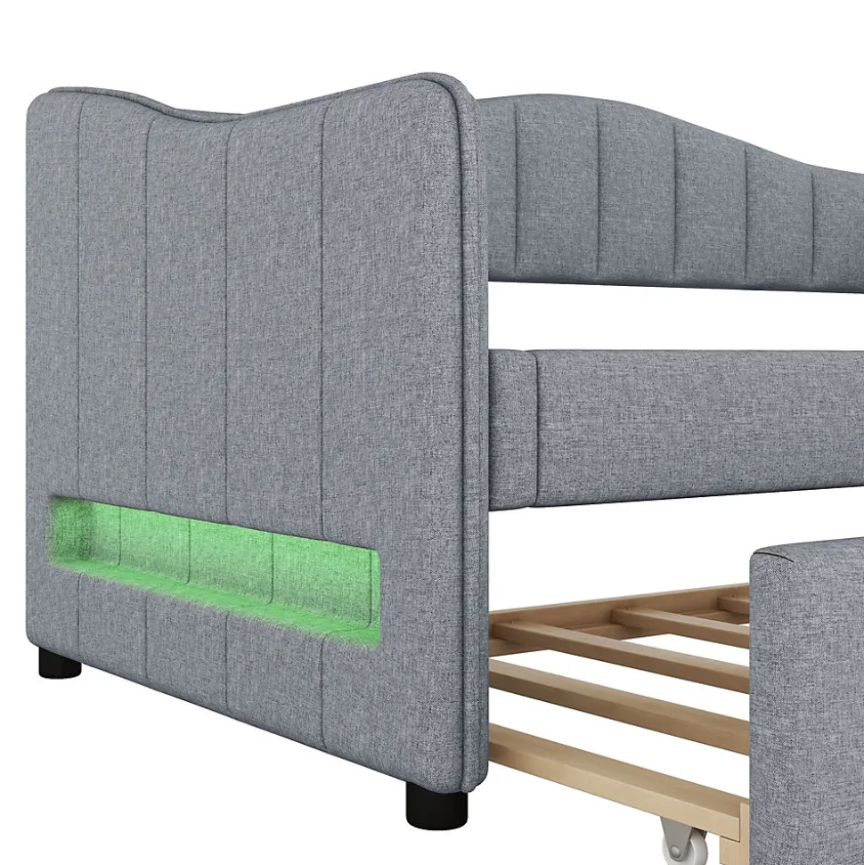 Lit Simple 90x200cm, Canapé-Lit avec Tiroirs et Éclairage Ambiant, Beige