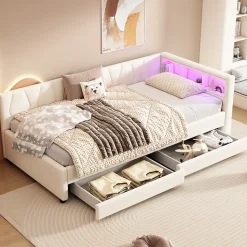 Lit Simple 90x200cm, Canapé-Lit avec Tiroirs, USB, Éclairage Ambiant, Beige