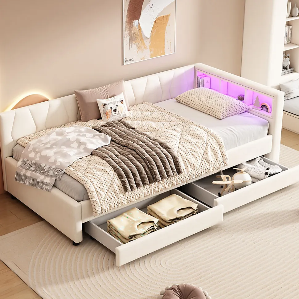 Lit Simple 90x200cm, Canapé-Lit avec Tiroirs, USB, Éclairage Ambiant, Beige