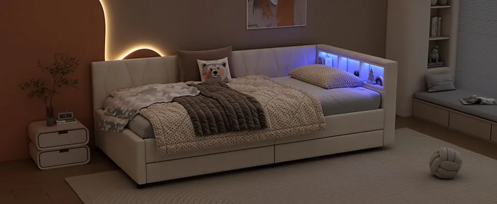 Lit Simple 90x200cm, Canapé-Lit avec Tiroirs, USB, Éclairage Ambiant, Beige