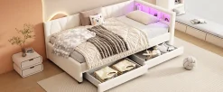 Lit Simple 90x200cm, Canapé-Lit avec Tiroirs, USB, Éclairage Ambiant, Beige