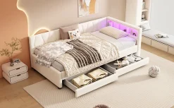 Lit Simple 90x200cm, Canapé-Lit avec Tiroirs, USB, Éclairage Ambiant, Beige
