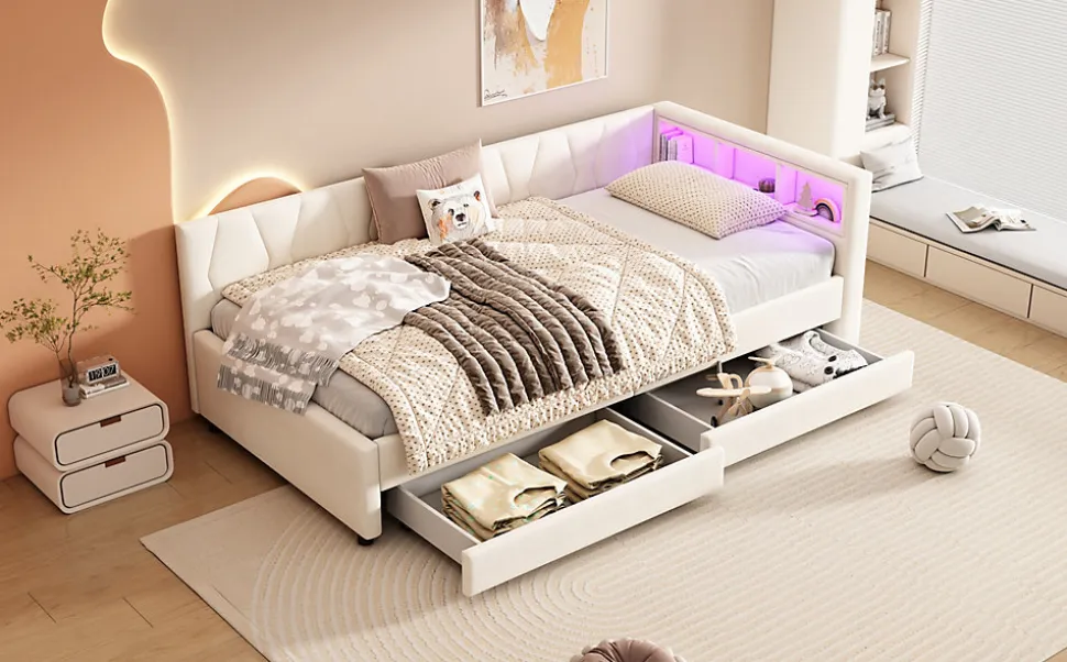 Lit Simple 90x200cm, Canapé-Lit avec Tiroirs, USB, Éclairage Ambiant, Beige