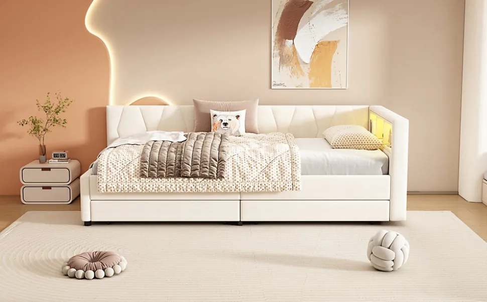 Lit Simple 90x200cm, Canapé-Lit avec Tiroirs, USB, Éclairage Ambiant, Beige