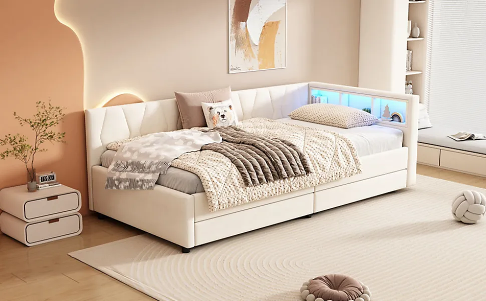 Lit Simple 90x200cm, Canapé-Lit avec Tiroirs, USB, Éclairage Ambiant, Beige