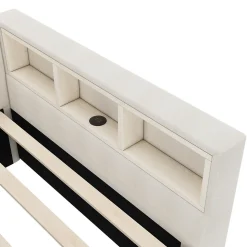 Lit Simple 90x200cm, Canapé-Lit avec Tiroirs, USB, Éclairage Ambiant, Beige