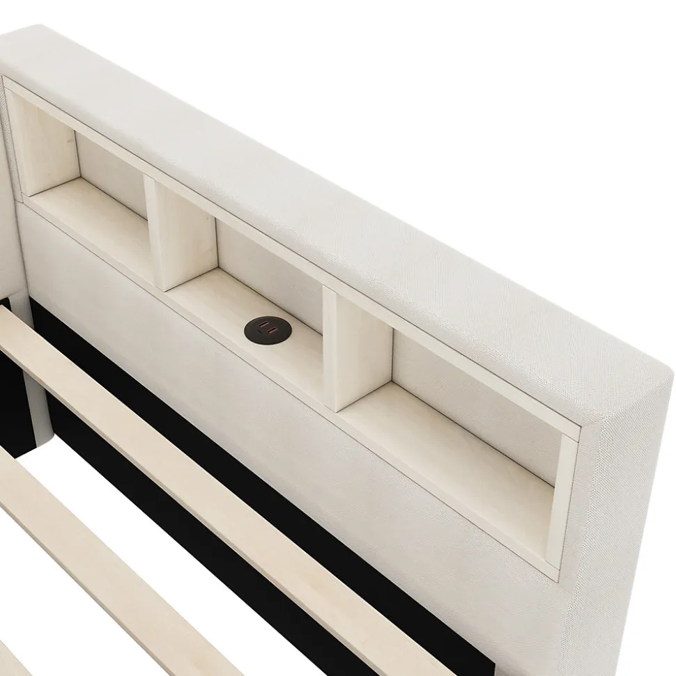 Lit Simple 90x200cm, Canapé-Lit avec Tiroirs, USB, Éclairage Ambiant, Beige