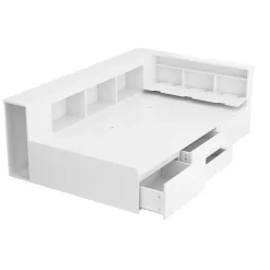 Lit simple 90x200cm en bois massif - avec rangements multifonctions - Blanc