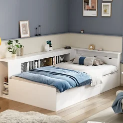 Lit simple 90x200cm en bois massif - avec rangements multifonctions - Blanc