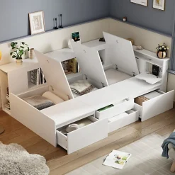 Lit simple 90x200cm en bois massif - avec rangements multifonctions - Blanc