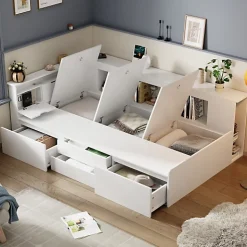 Lit simple 90x200cm en bois massif - avec rangements multifonctions - Blanc