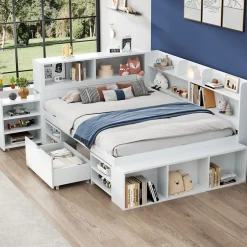 Lit simple 140x190cm en MDF - Avec tiroirs et étagères - Bibliothèque amovible - Avec sommier à lattes - Blanc(sans matelas)