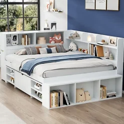 Lit simple 140x190cm en MDF - Avec tiroirs et étagères - Bibliothèque amovible - Avec sommier à lattes - Blanc(sans matelas)