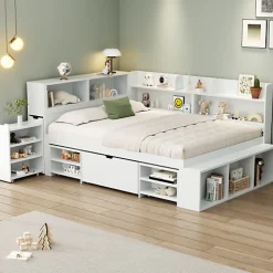 Lit simple 140x190cm en MDF - Avec tiroirs et étagères - Bibliothèque amovible - Avec sommier à lattes - Blanc(sans matelas)