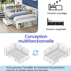 Lit simple 140x190cm en MDF - Avec tiroirs et étagères - Bibliothèque amovible - Avec sommier à lattes - Blanc(sans matelas)