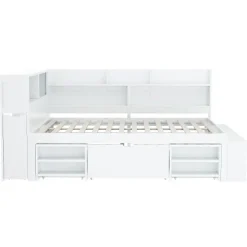 Lit simple 140x190cm en MDF - Avec tiroirs et étagères - Bibliothèque amovible - Avec sommier à lattes - Blanc(sans matelas)