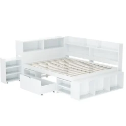 Lit simple 140x190cm en MDF - Avec tiroirs et étagères - Bibliothèque amovible - Avec sommier à lattes - Blanc(sans matelas)