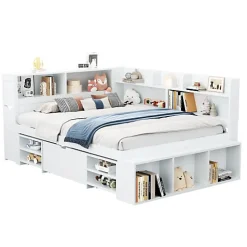 Lit simple 140x190cm en MDF - Avec tiroirs et étagères - Bibliothèque amovible - Avec sommier à lattes - Blanc(sans matelas)